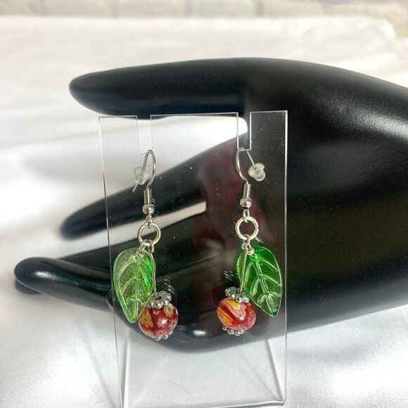 REIMAGINED Cherry Glass Bead Drop Dangle Hook Earrings - Picture 2 of 6